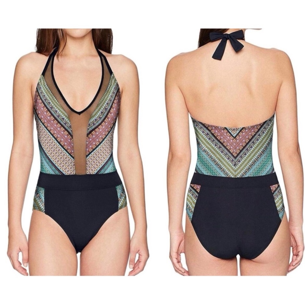 Bleu Rod Beattie V-Neck Halter One-Piece Swimsuit NWT